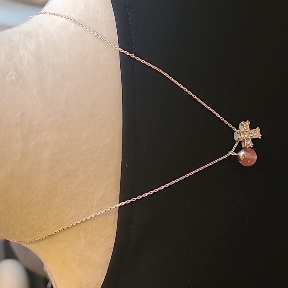 Inlayed Crystal Cross and Pink Bead Necklace